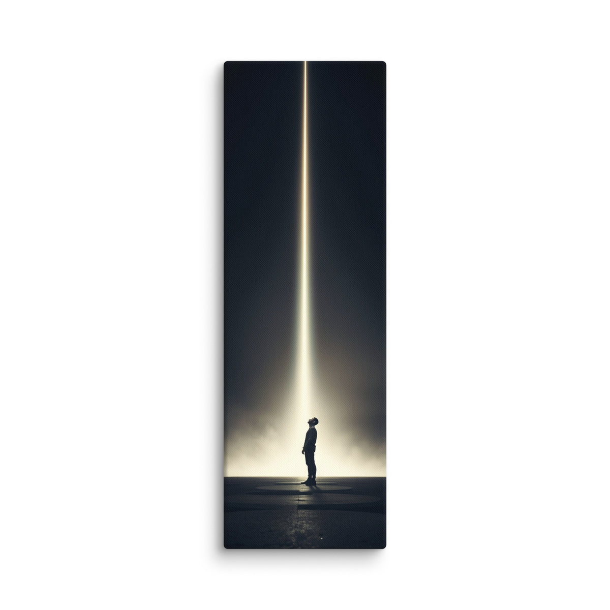 The Descending Light, tall wrapped canvas print: a lone figure looking up at a single vertical beam of golden light in darkness.