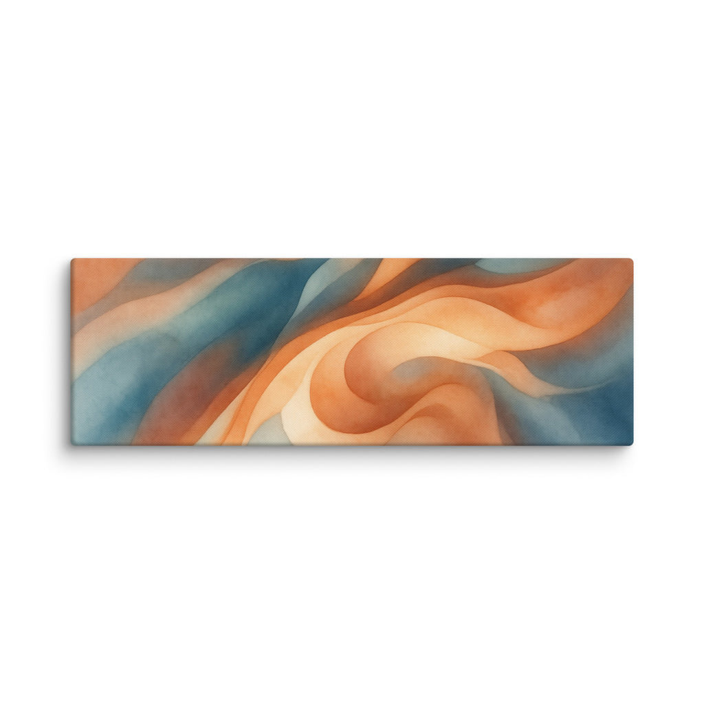 Stria Confluence panoramic abstract canvas art featuring flowing convergent waves of warm ochre, cream, and deep slate blue, shown on white.