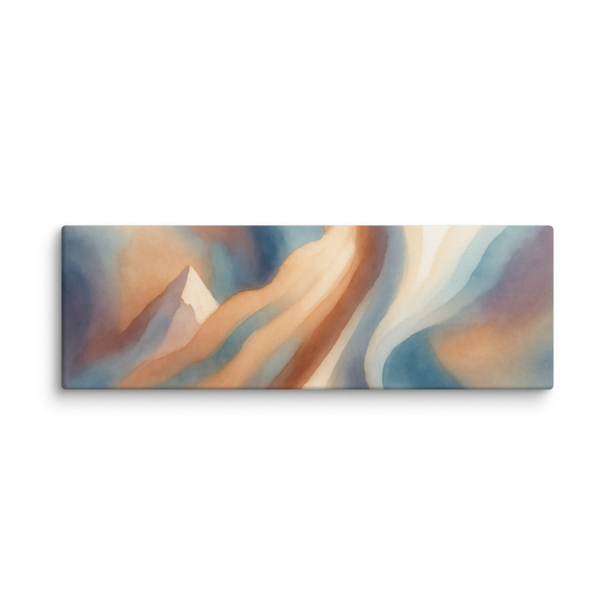 Stria Eddy wide panoramic abstract canvas featuring curling eddies of ochre, soft cream, and slate teal, shown on white.