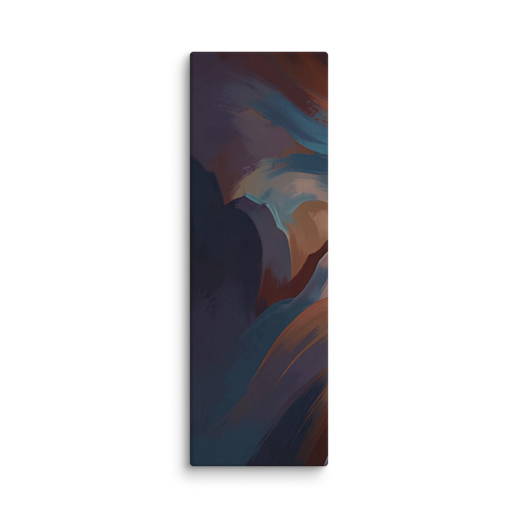 Stria Flume tall vertical canvas artwork displaying intricate braided currents of ochre and dark indigo, shown on white.