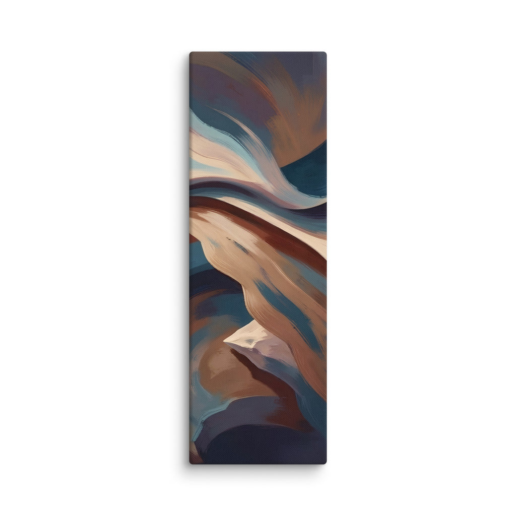 Stria Fulcrum vertical abstract canvas print featuring cantilevered mineral bands in ochre, cream, and carbon slate, shown on white.
