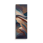 Stria Fulcrum vertical abstract canvas print featuring cantilevered mineral bands in ochre, cream, and carbon slate, shown on white.