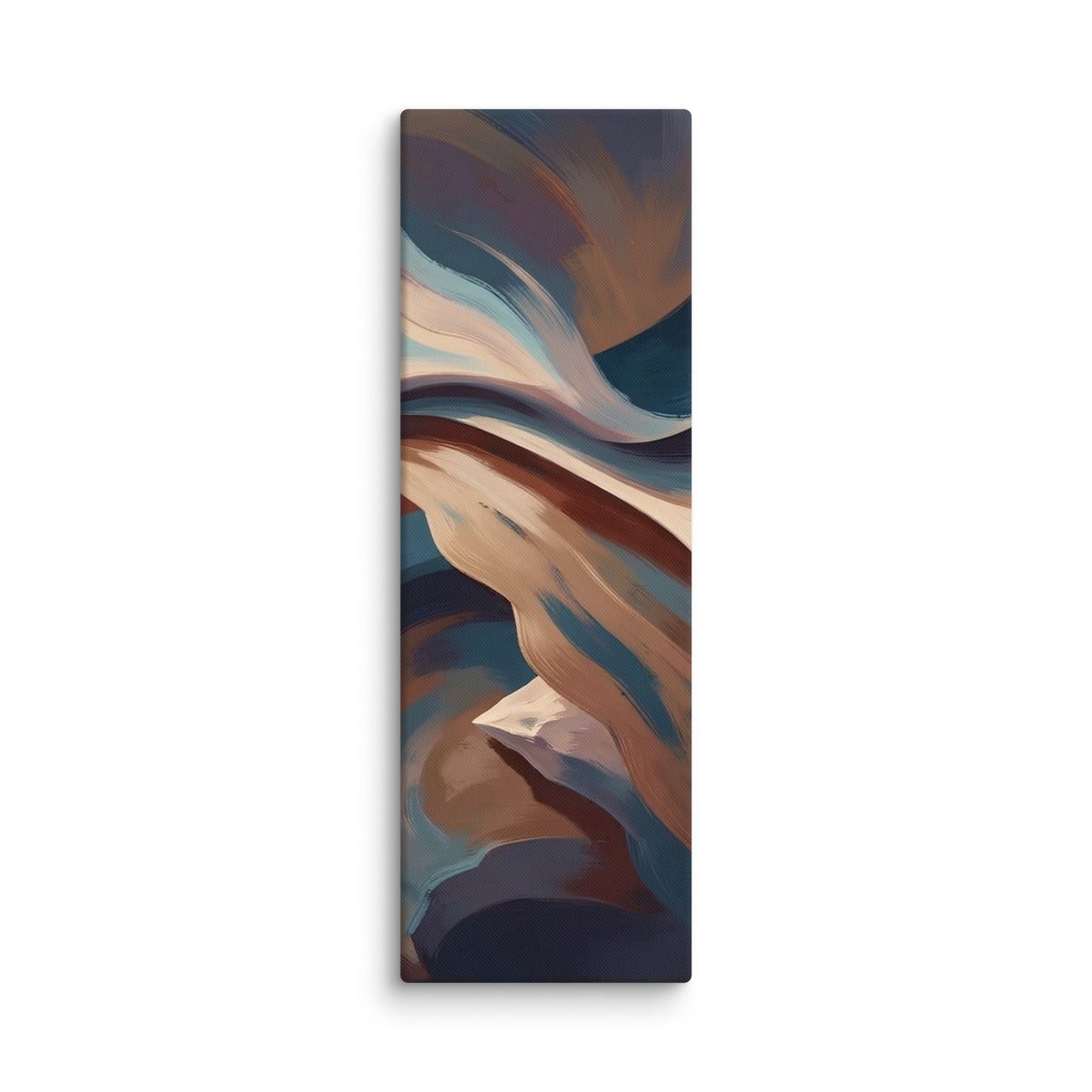 Stria Fulcrum vertical abstract canvas print featuring cantilevered mineral bands in ochre, cream, and carbon slate, shown on white.