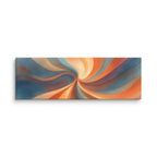 Stria Gyre wide horizontal canvas featuring a radiant center with sweeping arms of copper, cream, and deep blue, shown on white.