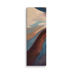 Stria Incline tall vertical canvas artwork showing diagonal layers of terracotta, sand, and dark blue, shown on white.