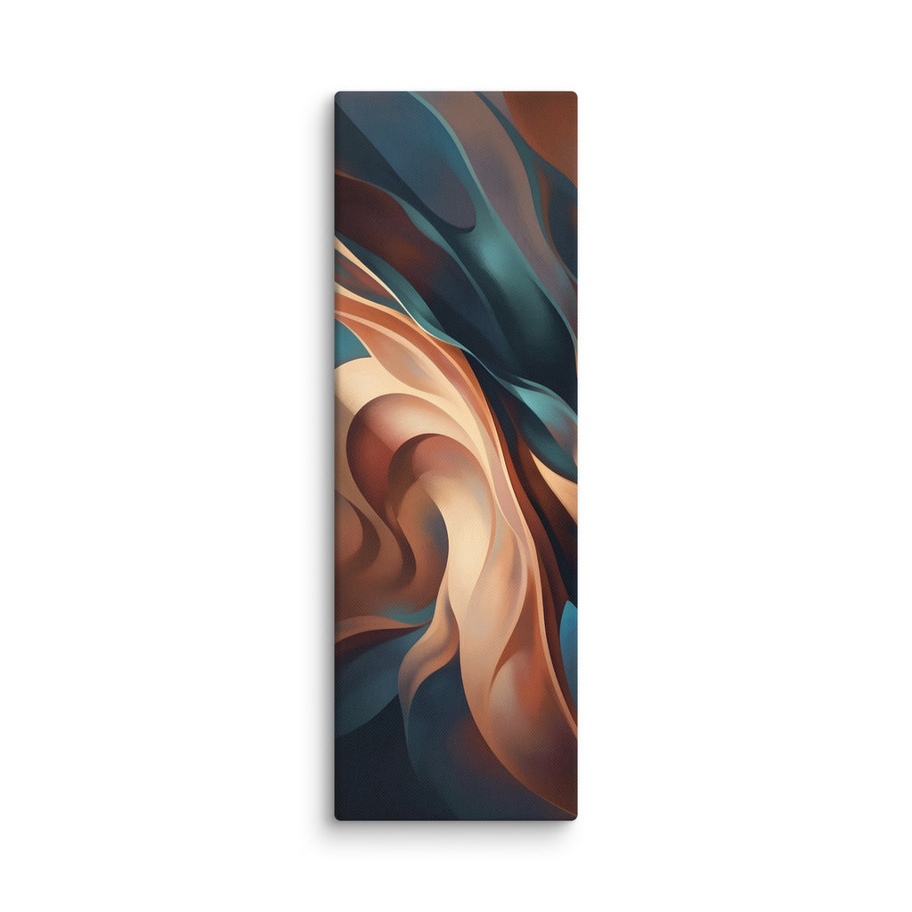 Stria Keel vertical canvas art with a defined curving central spine of copper ochre and deep slate shadows, shown on white.