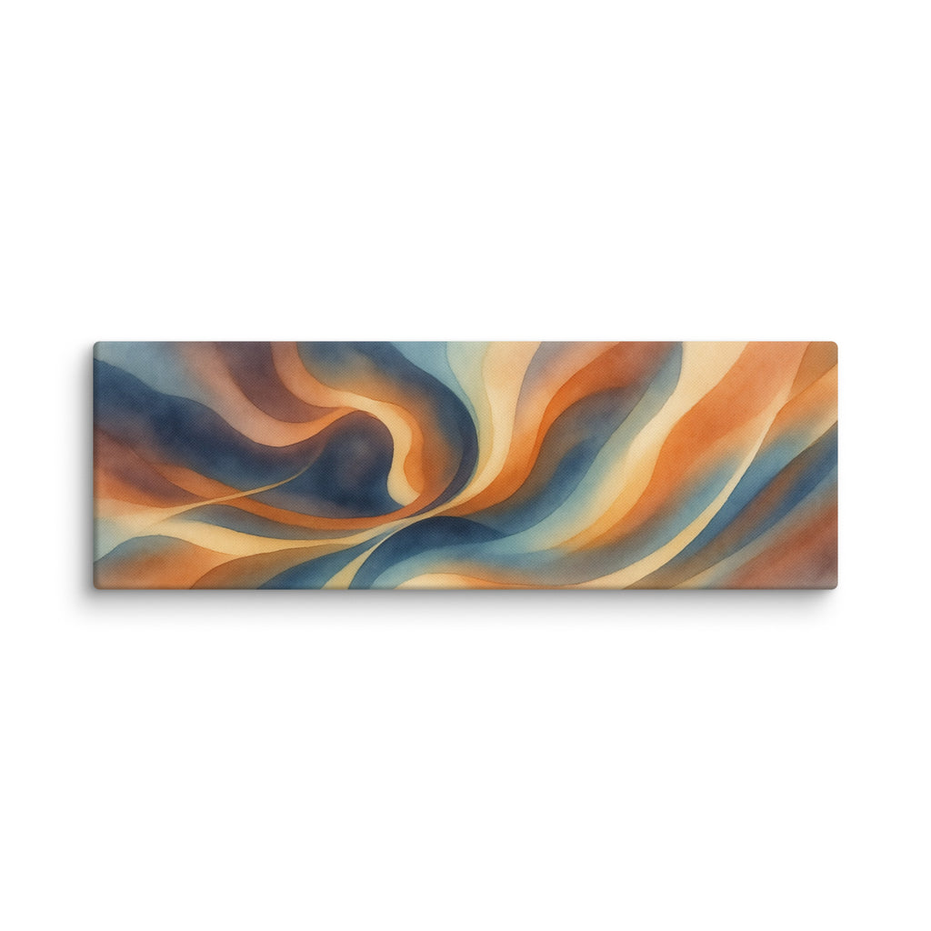 Stria Meander horizontal panoramic canvas art with winding curves of warm amber, soft bone, and smoky slate, shown on white.