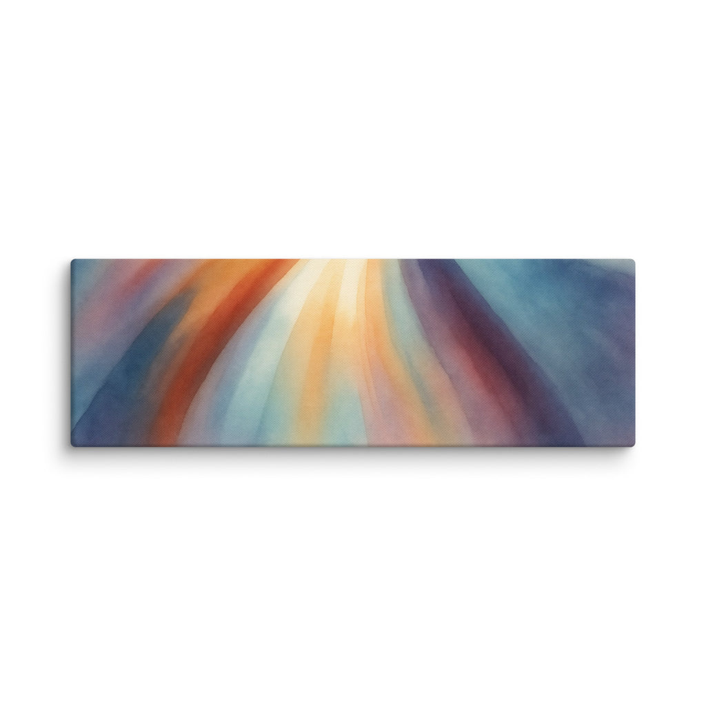 Stria Reach panoramic canvas artwork featuring a central warm light bloom reaching outward into soft blue and charcoal margins, shown on white.