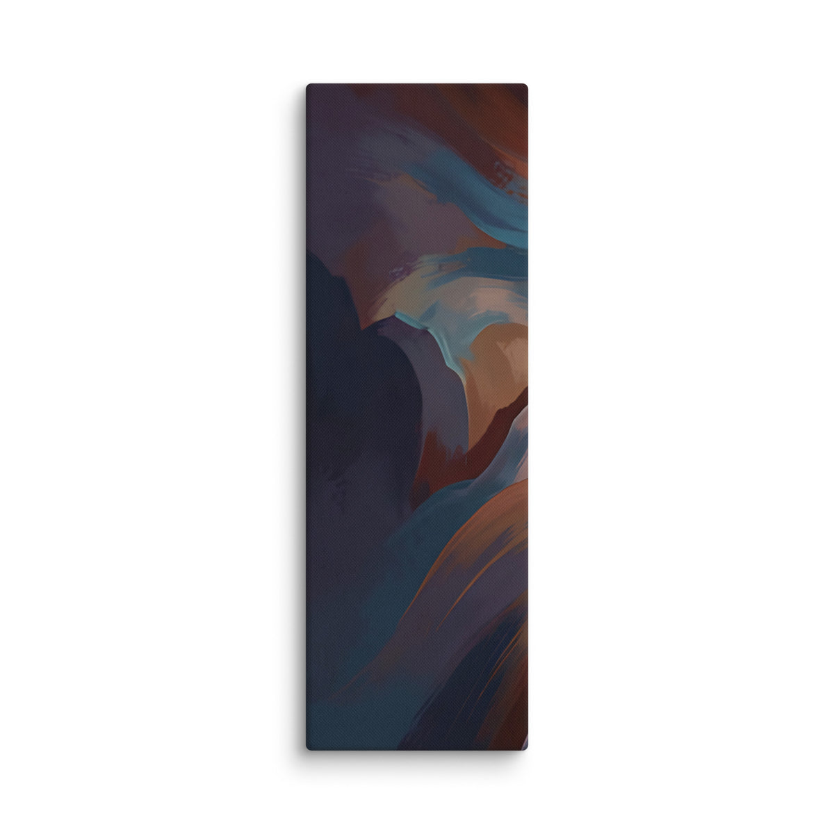 Stria Rift tall vertical canvas displaying a dark sheared faultline with glowing copper and ochre fracture edges, shown on white.