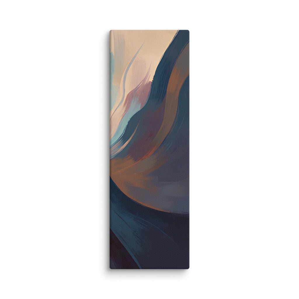 Stria Splay tall vertical canvas artwork showing delicate fanned ribbons of slate, copper, and cream opening toward the top, shown on white.