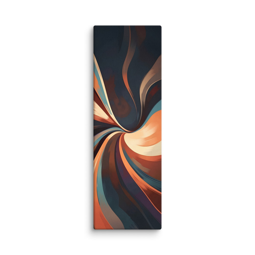 Stria Vortex tall vertical canvas artwork featuring a tightly wound vertical vortex of glowing amber, terracotta, and dark slate, shown on white.
