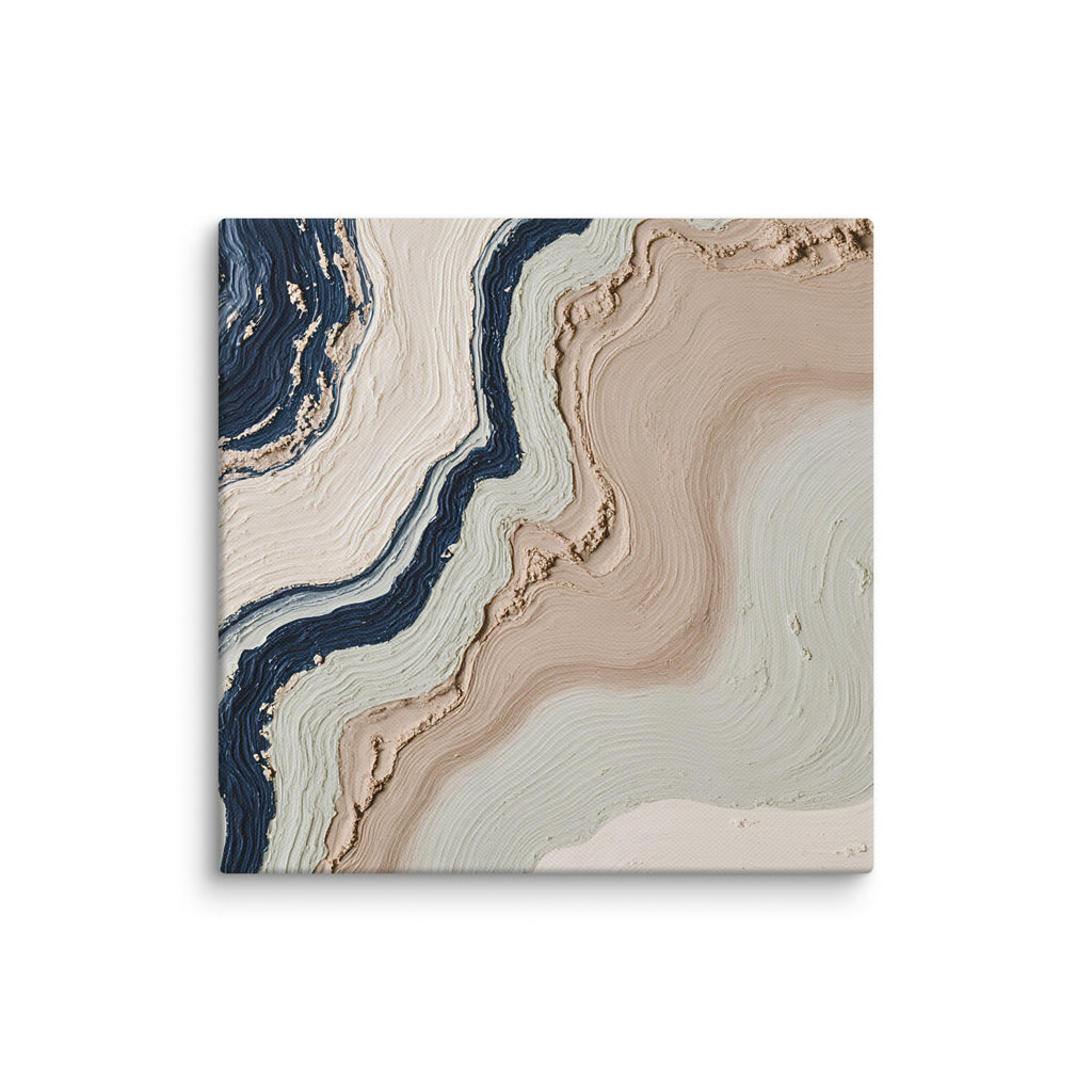 Striata canvas artwork with rhythmic bands of mineral color and sediment-like layers, shown on white.