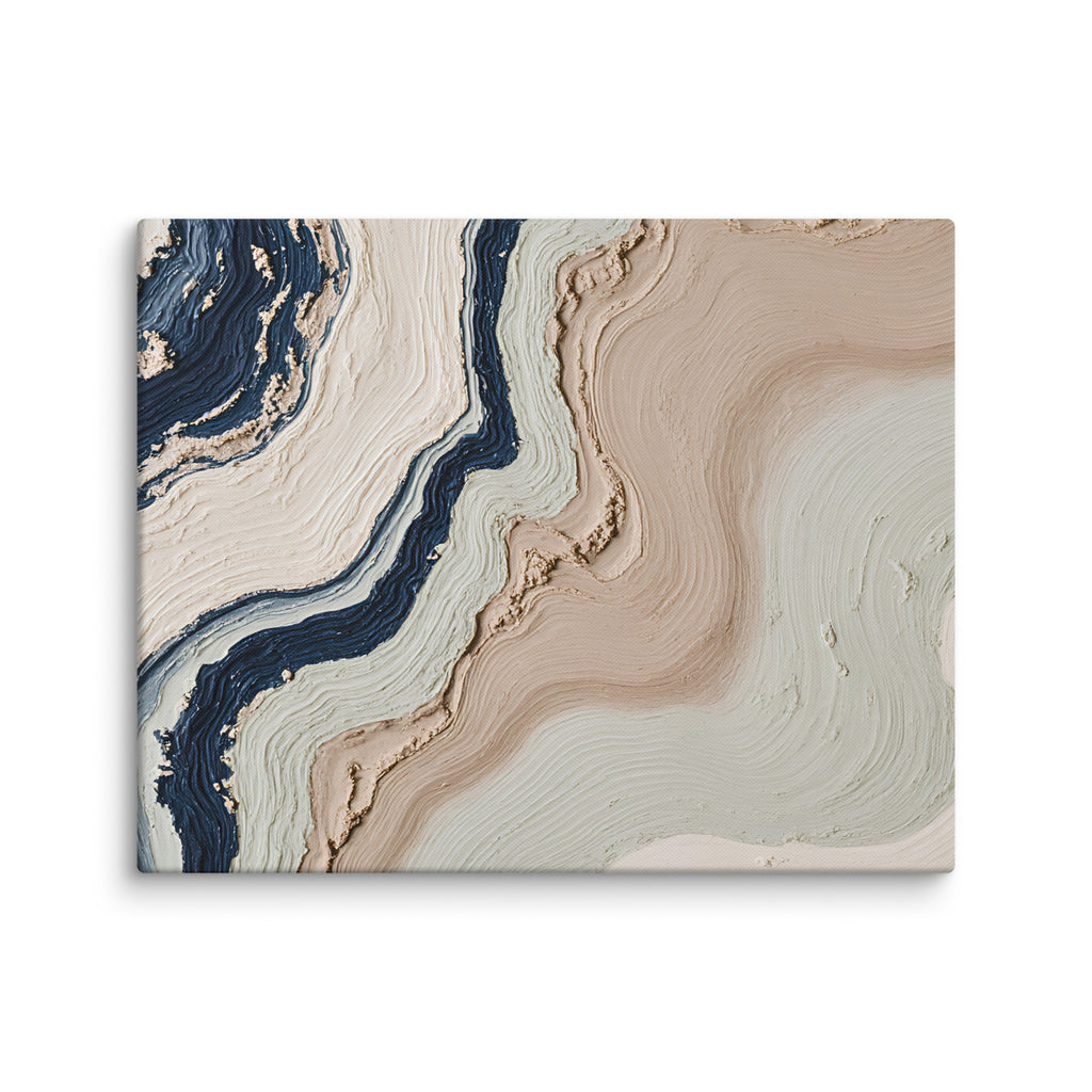 Striata canvas artwork with rhythmic bands of mineral color and sediment-like layers, shown on white.