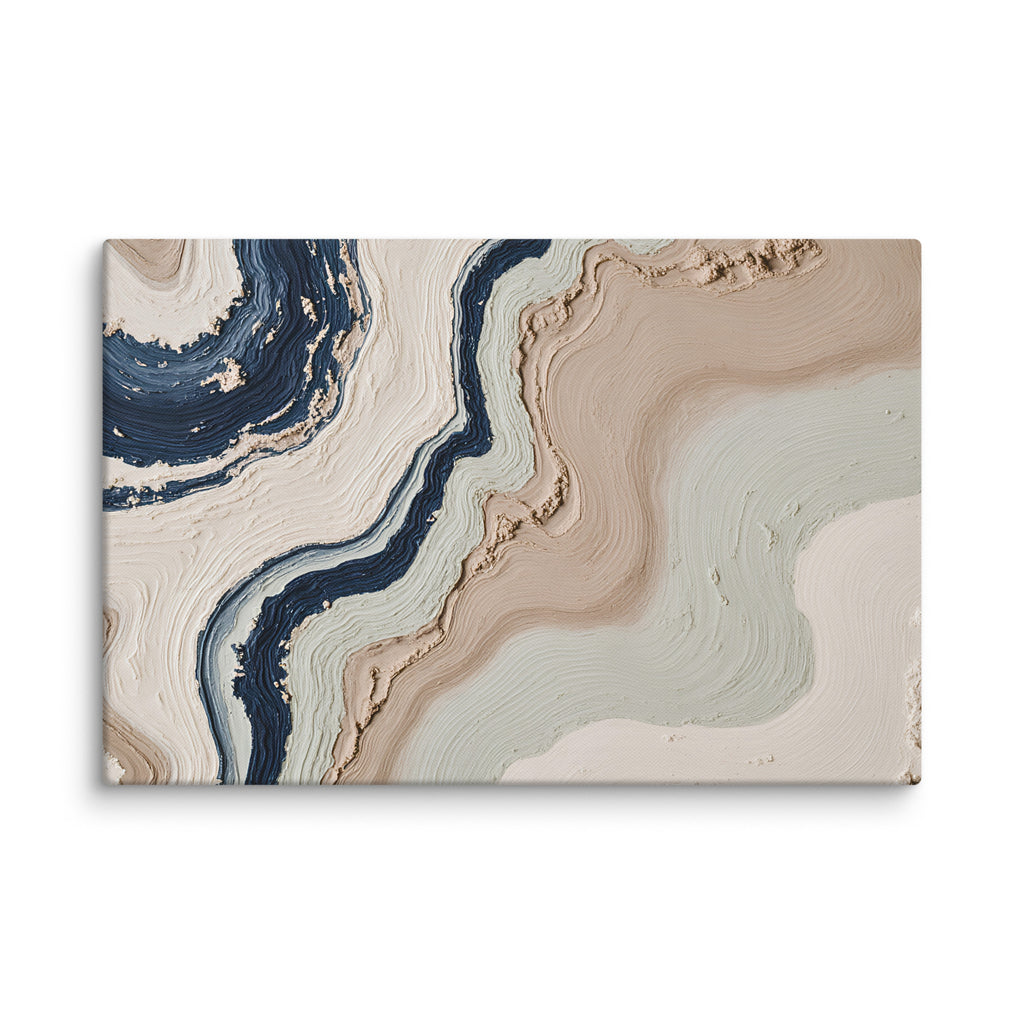 Striata canvas artwork with rhythmic bands of mineral color and sediment-like layers, shown on white.