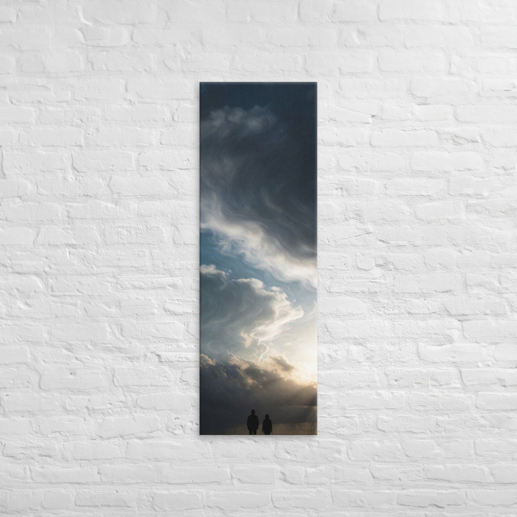 Beneath the Silver Sky, tall wrapped canvas print: two silhouetted figures beneath a vast swirling silver-grey cloudy sky with light breaking through.