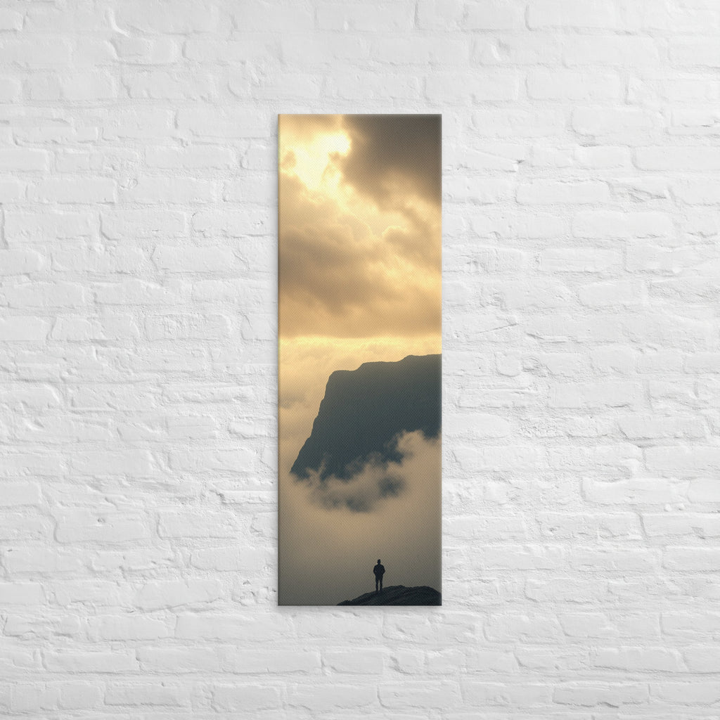 Above the Golden Mist, tall wrapped canvas print: a solitary figure on a peak above glowing golden clouds, a dark mountain mass behind.