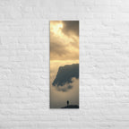 Above the Golden Mist, tall wrapped canvas print: a solitary figure on a peak above glowing golden clouds, a dark mountain mass behind.