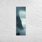 Beside the Mountain Wall, tall wrapped canvas print: two small figures on a rocky ledge beside a towering mist-shrouded mountain wall.