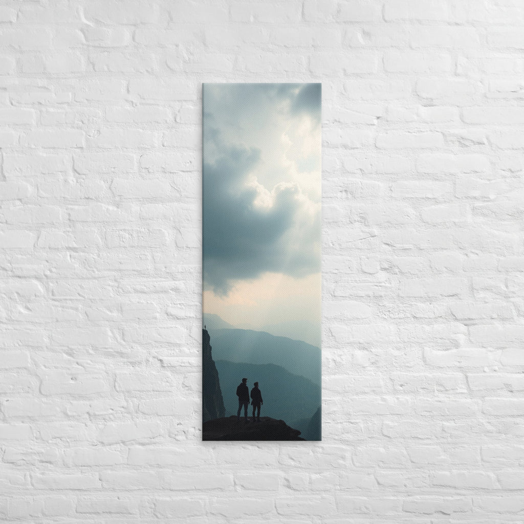 Across the Blue Ridges, tall wrapped canvas print: two figures on a cliff edge overlooking layered blue mountain ridges with slanting sunbeams.