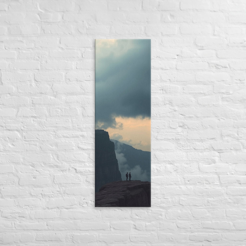 The Evening Overlook, tall wrapped canvas print: two figures on a clifftop at dusk, warm light glowing along the horizon beneath clouds.