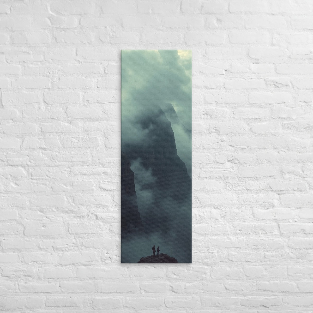 Before the Veiled Peak, tall wrapped canvas print: two figures on a rocky summit before a colossal mist-veiled mountain peak.
