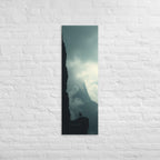 The Hidden Mountain, tall wrapped canvas print: two figures on a ledge facing a dark mountain mass half-hidden in bright mist.