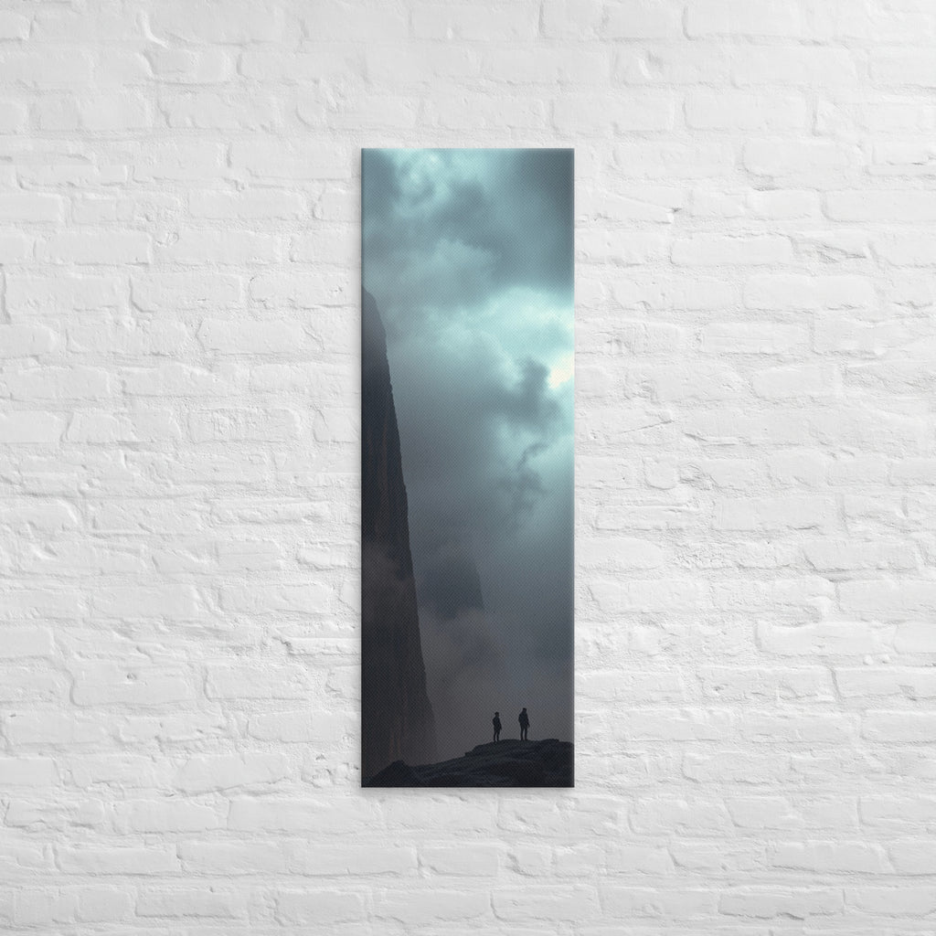 Under the Sheer Wall, tall wrapped canvas print: two small figures beneath a sheer cliff wall rising into cloud.