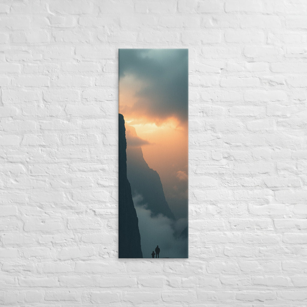 An Ember in the Gorge, tall wrapped canvas print: two figures on a ledge facing a gorge glowing ember-orange at sunset.