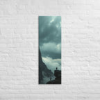 On Separate Ledges, tall wrapped canvas print: two figures standing apart on separate rocky pinnacles amid streaming clouds.