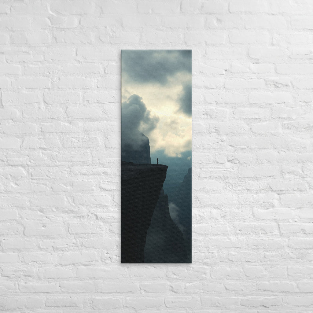 The High Promontory, tall wrapped canvas print: a lone figure at the tip of a dark rocky promontory jutting into clouds.