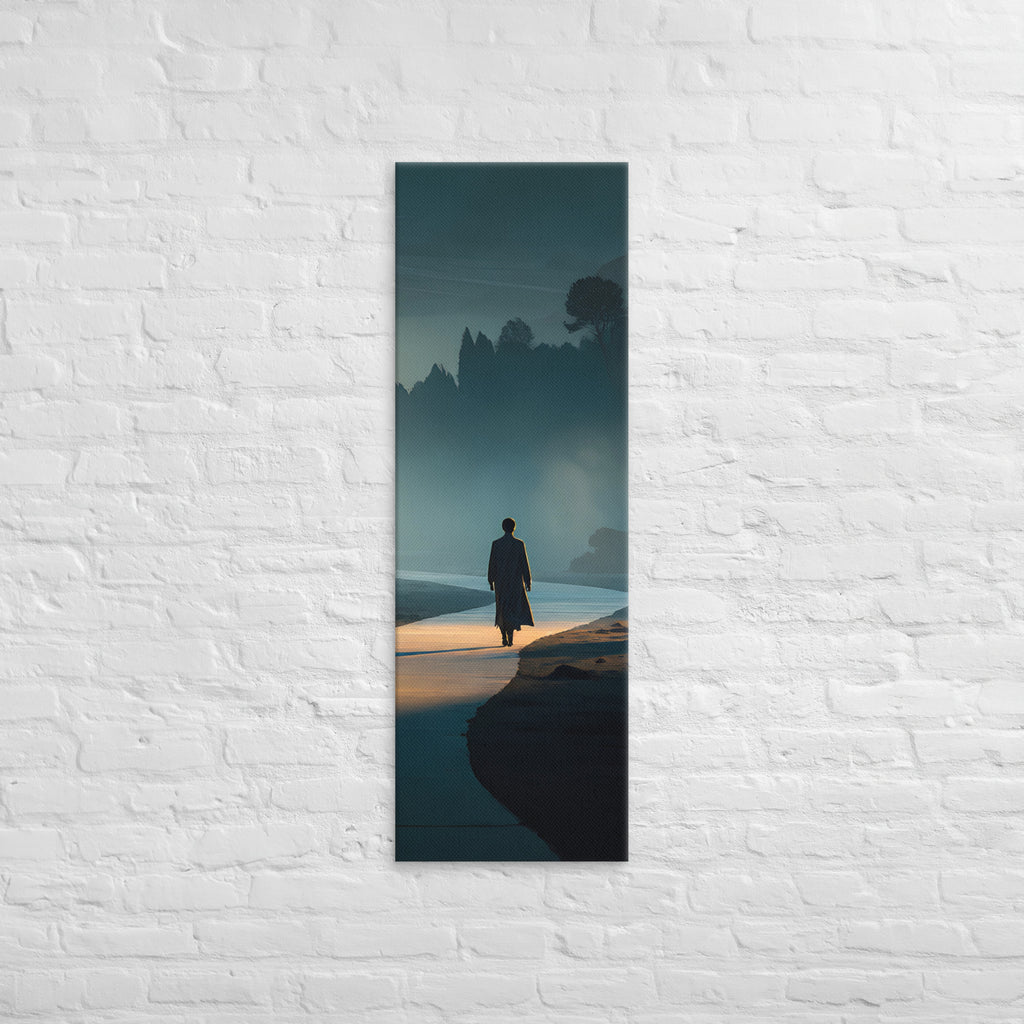 Along the Quiet Shore, tall wrapped canvas print: a solitary figure walking a misty shoreline path at blue hour.