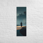 Along the Quiet Shore, tall wrapped canvas print: a solitary figure walking a misty shoreline path at blue hour.