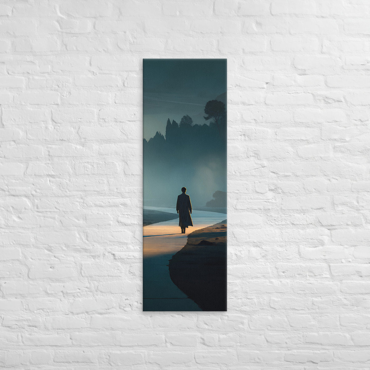 Along the Quiet Shore, tall wrapped canvas print: a solitary figure walking a misty shoreline path at blue hour.
