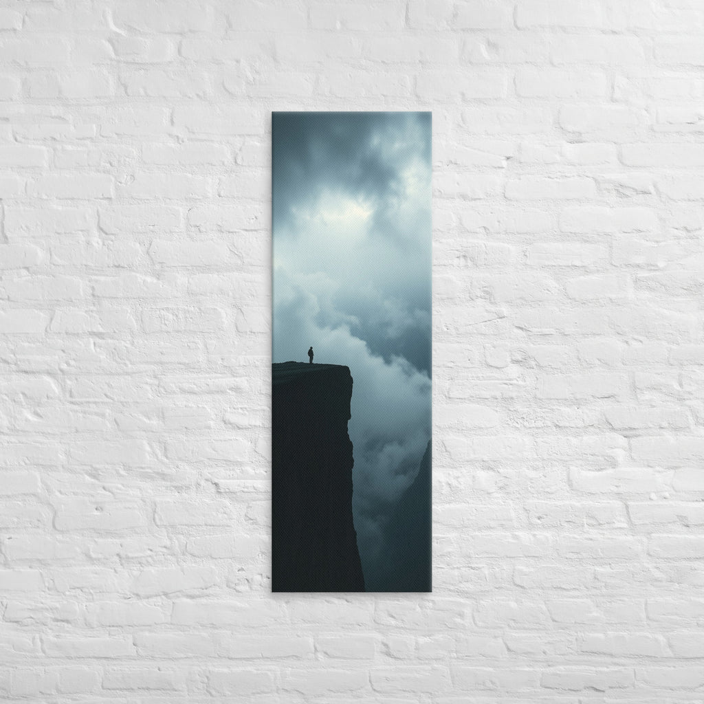 At the Cloudline, tall wrapped canvas print: a lone figure at a cliff edge with storm clouds boiling below and dark sky above.
