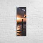 Sunset Beneath the Overhang, tall wrapped canvas print: a suited figure on a rain-slicked rooftop terrace beneath a dark overhang at sunset.