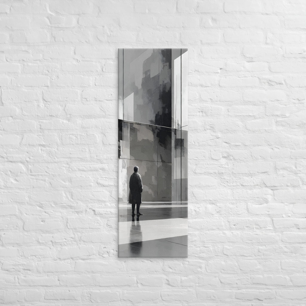The Silent Gallery, tall wrapped canvas print: a solitary figure before a vast grey abstract architectural wall.