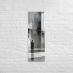 The Silent Gallery, tall wrapped canvas print: a solitary figure before a vast grey abstract architectural wall.