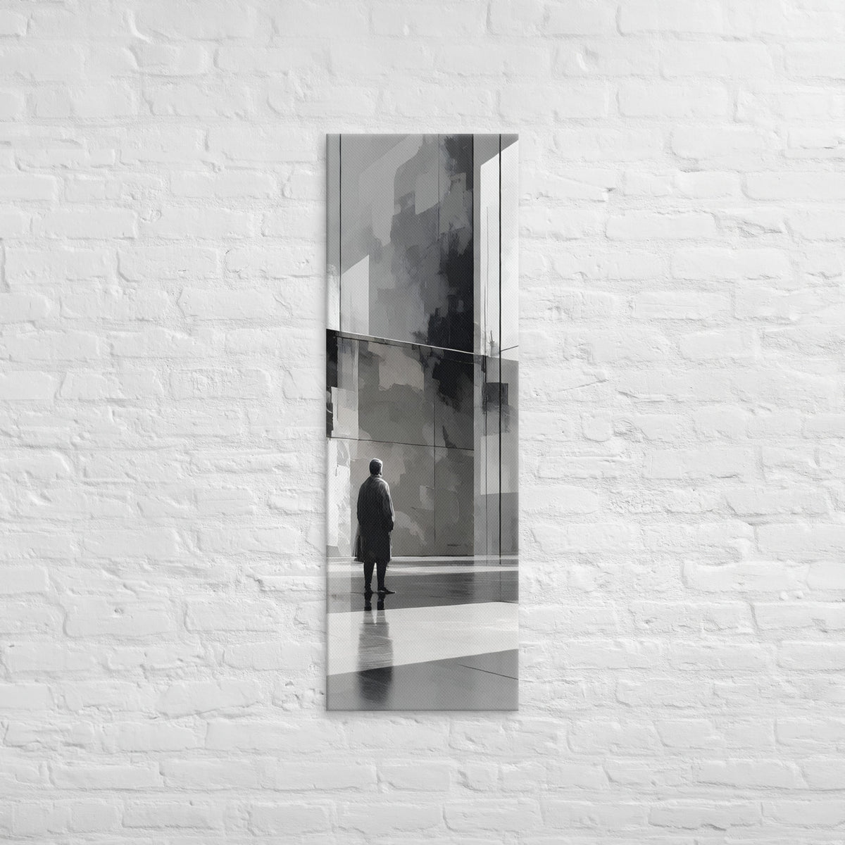 The Silent Gallery, tall wrapped canvas print: a solitary figure before a vast grey abstract architectural wall.
