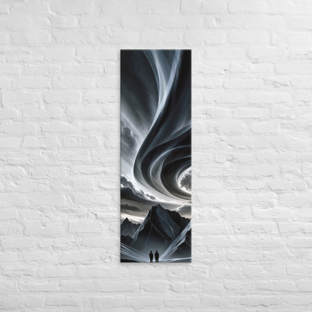 The Sky in Ribbons, tall wrapped canvas print: two figures beneath a sky of swirling ribbon-like clouds above dark mountain peaks.