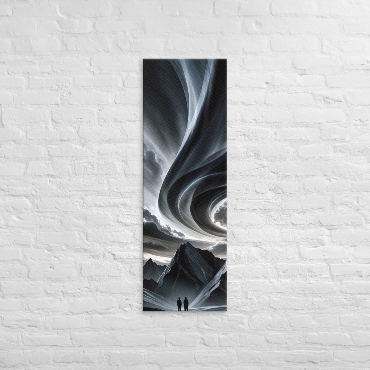 The Sky in Ribbons, tall wrapped canvas print: two figures beneath a sky of swirling ribbon-like clouds above dark mountain peaks.