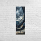 The Curving Courtyard, tall wrapped canvas print: two tiny figures in a vast courtyard of sweeping curved stone and concrete walls.