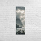Where the Cliffs Meet the Sea, tall wrapped canvas print: two figures on wave-washed rocks where tall cliffs meet a churning sea.