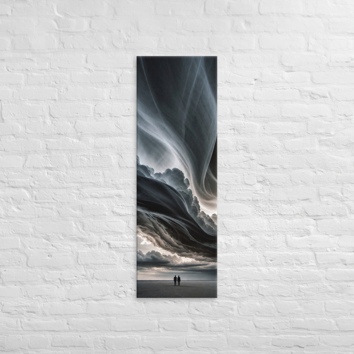 The Folded Sky, tall wrapped canvas print: two figures on an empty plain beneath a dark sculptural folded-cloud sky.