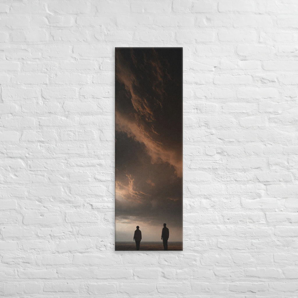 Under Copper Clouds, tall wrapped canvas print: two figures on an empty plain beneath a towering copper-edged storm cloud.