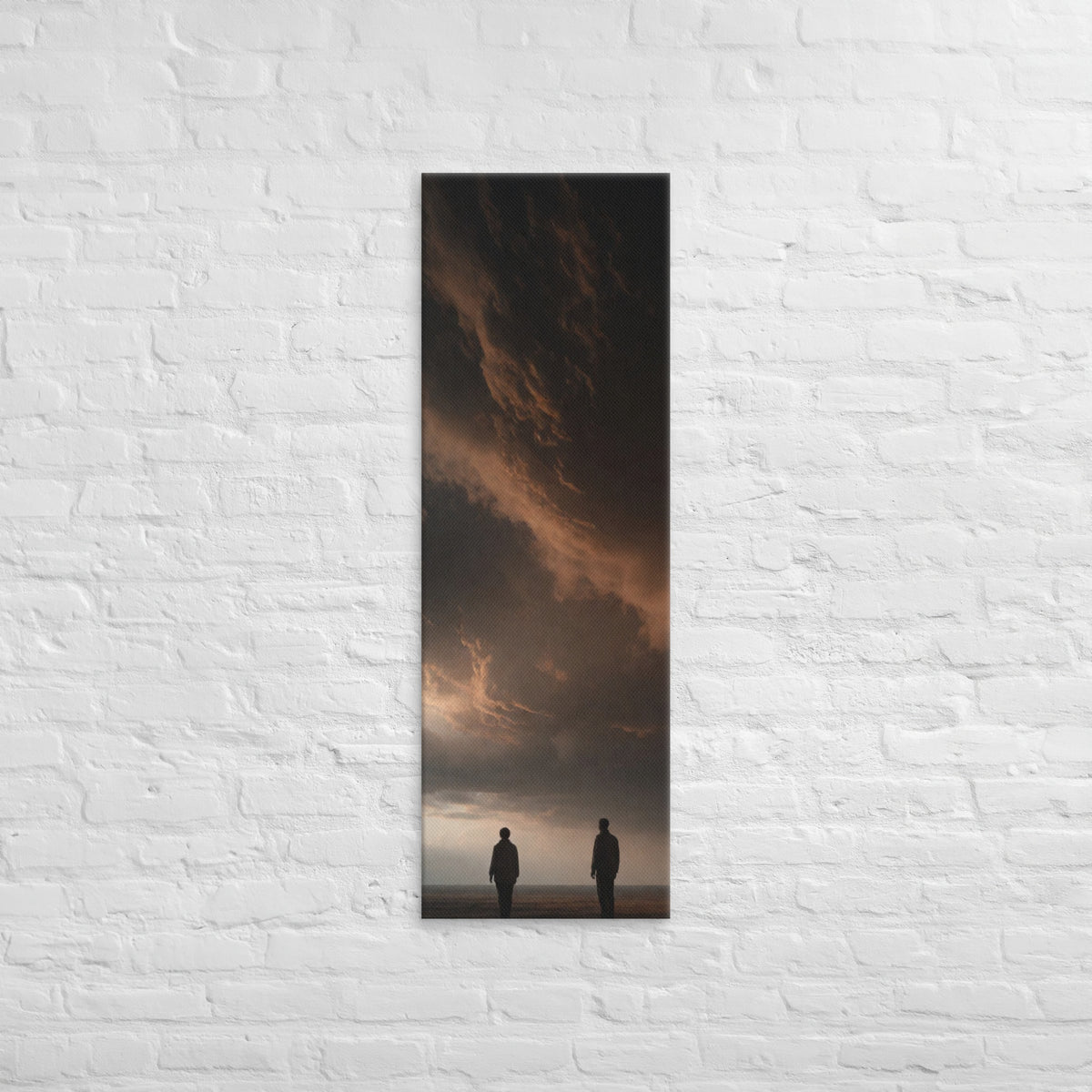 Under Copper Clouds, tall wrapped canvas print: two figures on an empty plain beneath a towering copper-edged storm cloud.