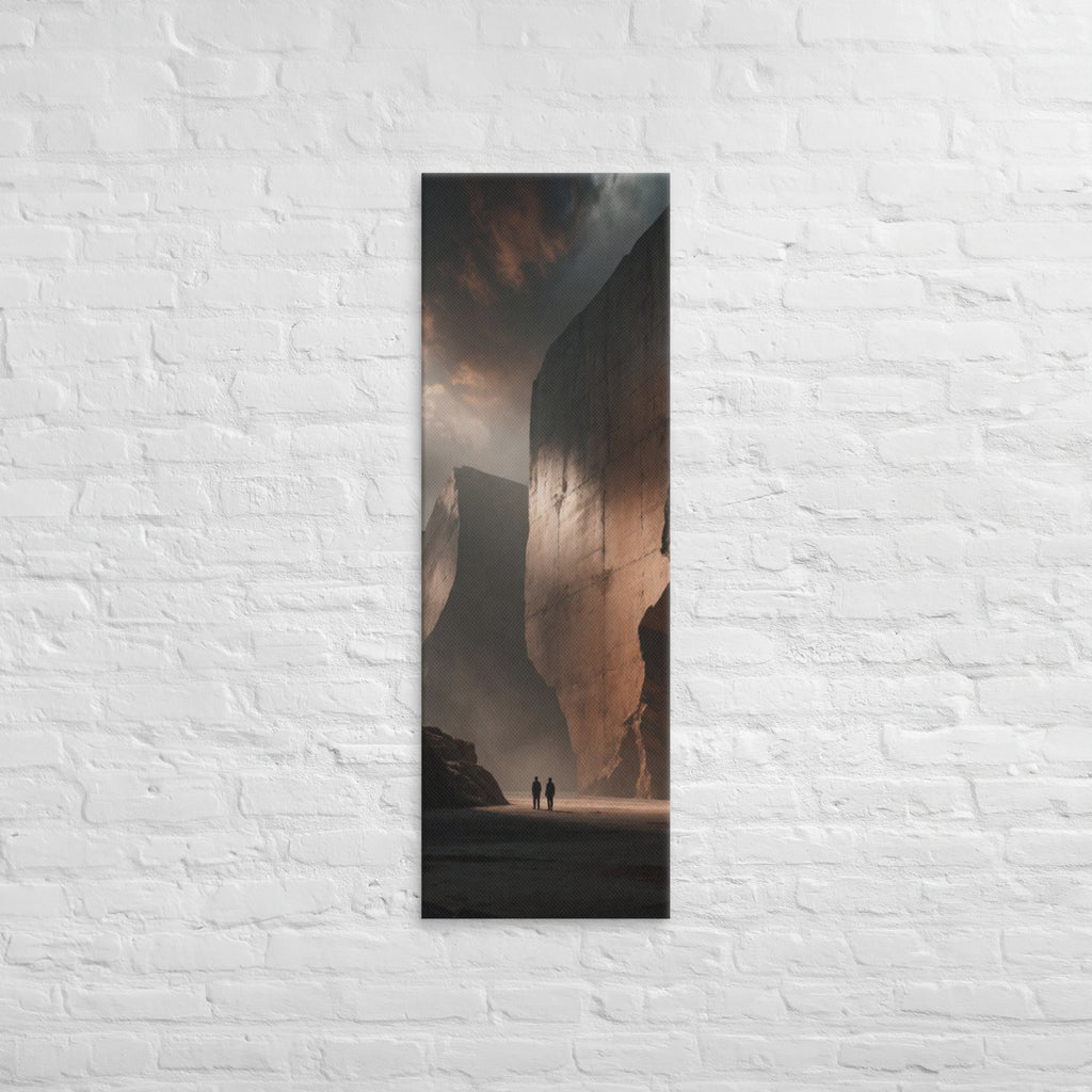 The Copper Monolith, tall wrapped canvas print: two figures dwarfed by colossal copper-lit monoliths rising from haze.