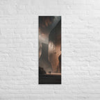 The Copper Monolith, tall wrapped canvas print: two figures dwarfed by colossal copper-lit monoliths rising from haze.