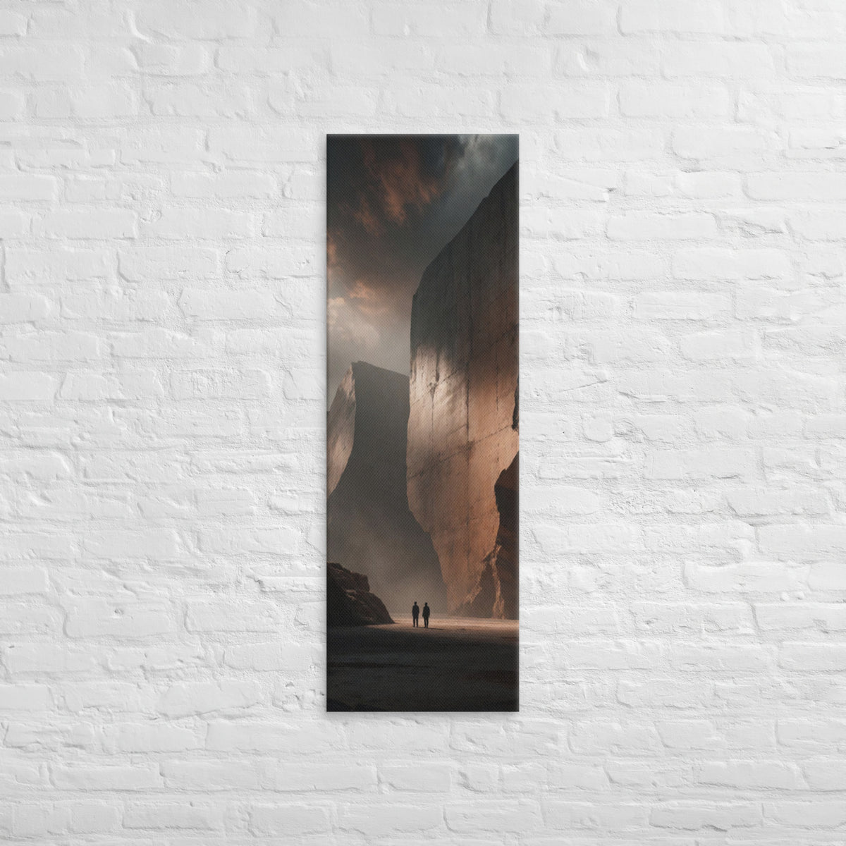The Copper Monolith, tall wrapped canvas print: two figures dwarfed by colossal copper-lit monoliths rising from haze.