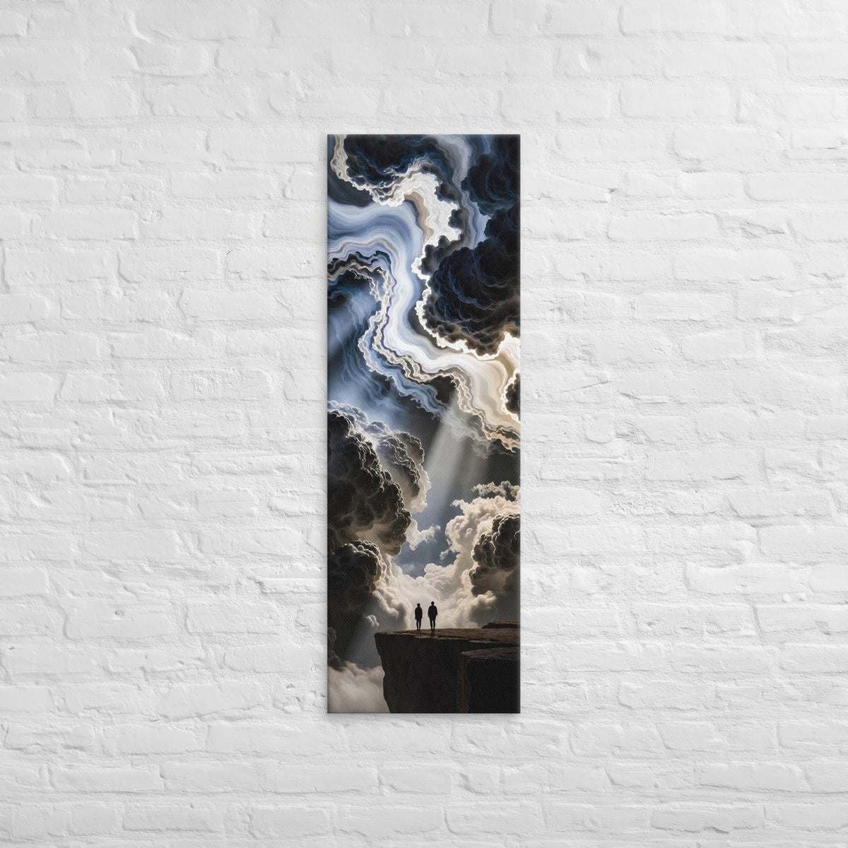 A River Through the Clouds, tall wrapped canvas print: two figures on a cliff edge watching a luminous river of cloud wind between dark peaks.