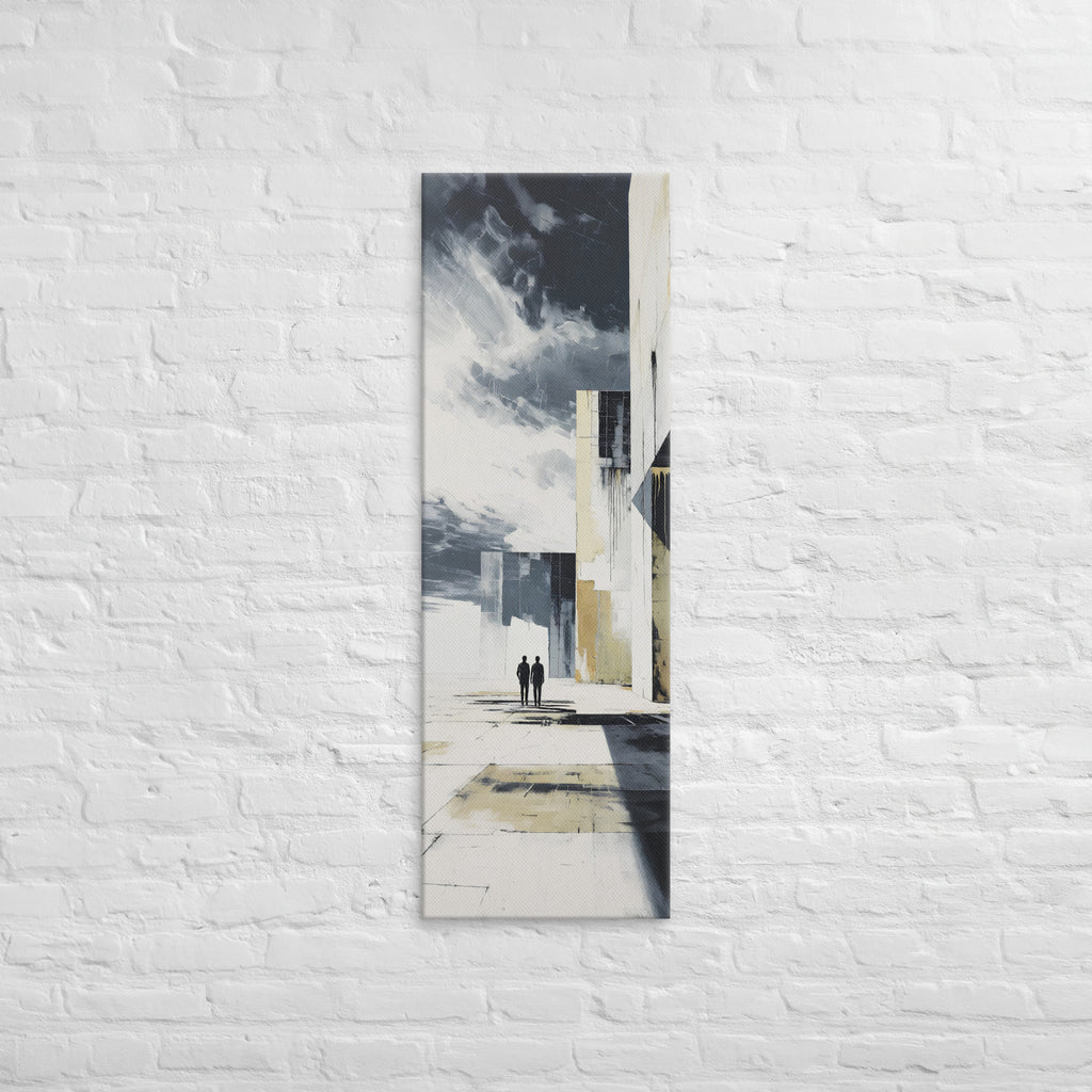 The Long Architectural Shadow, tall wrapped canvas print: two figures crossing a bright abstract plaza of white and gold planes with long shadows.